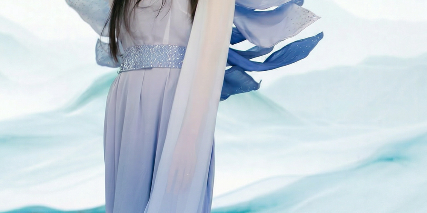 Single model in lavender New Chinese couture gown with petal wings, water mist LED environment at Upperland Studio Vancouver