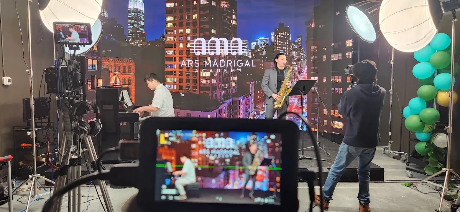 Film crew setting up a shot in front of the LED wall