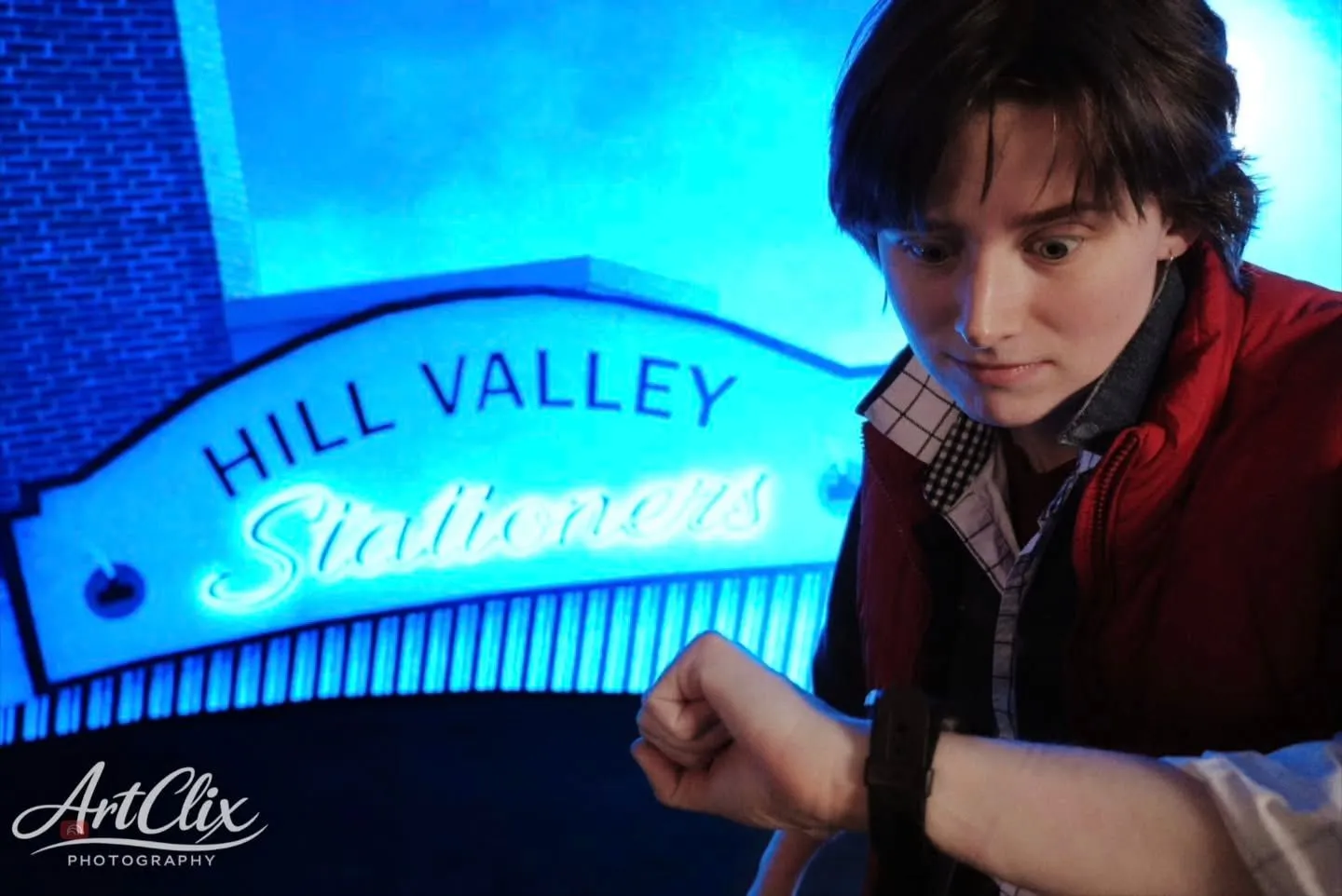 Paliburrito as Marty McFly beside Hill Valley Stationers imagery