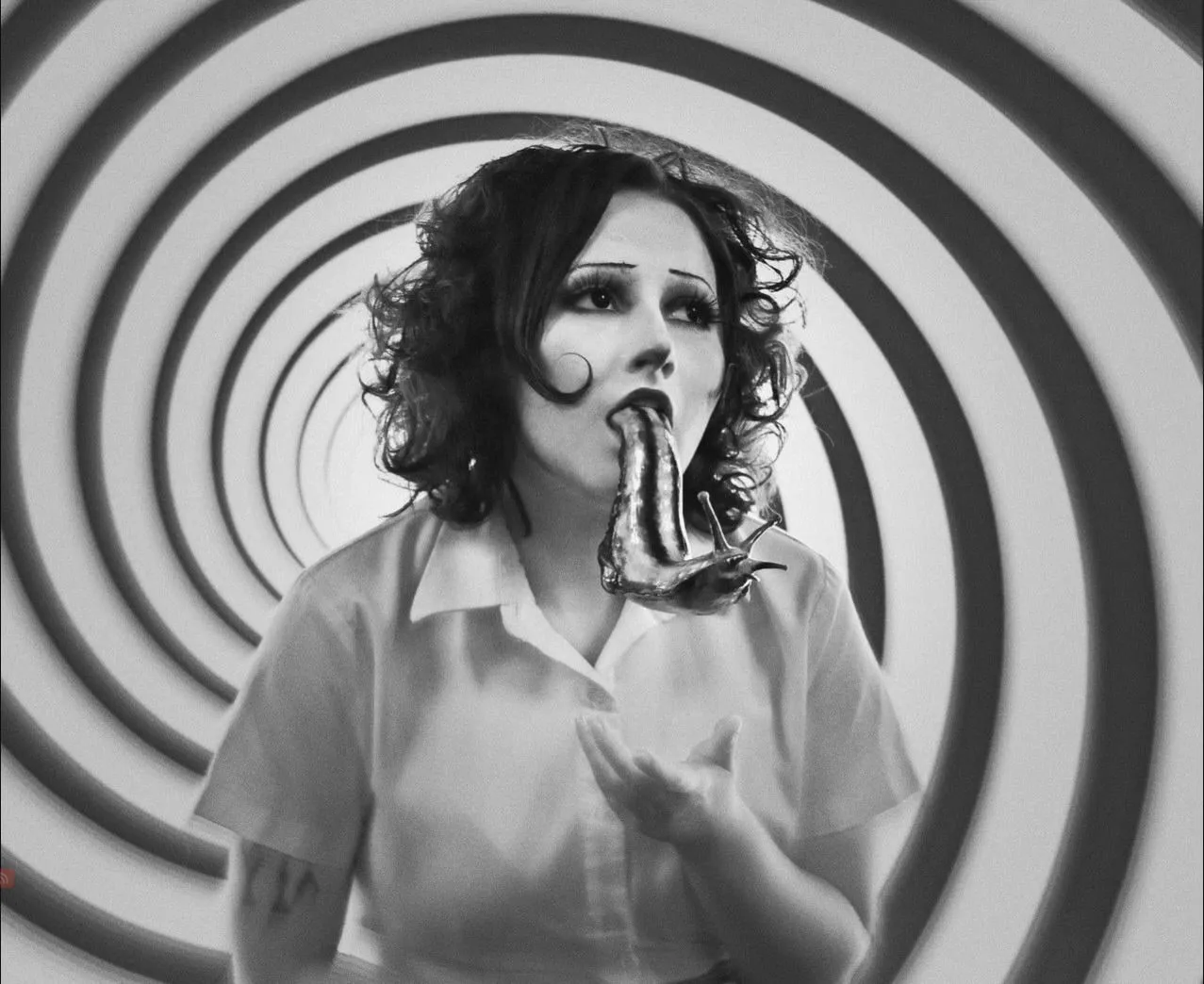 The creator’s monochrome Slug Girl portrait with a spiral LED pattern