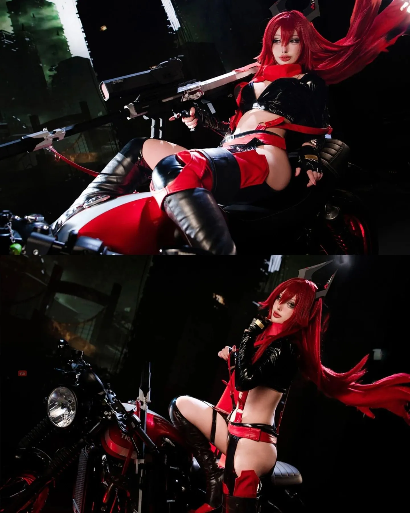 Published two-frame collage of Hano’s Red Hood costume and motorcycle