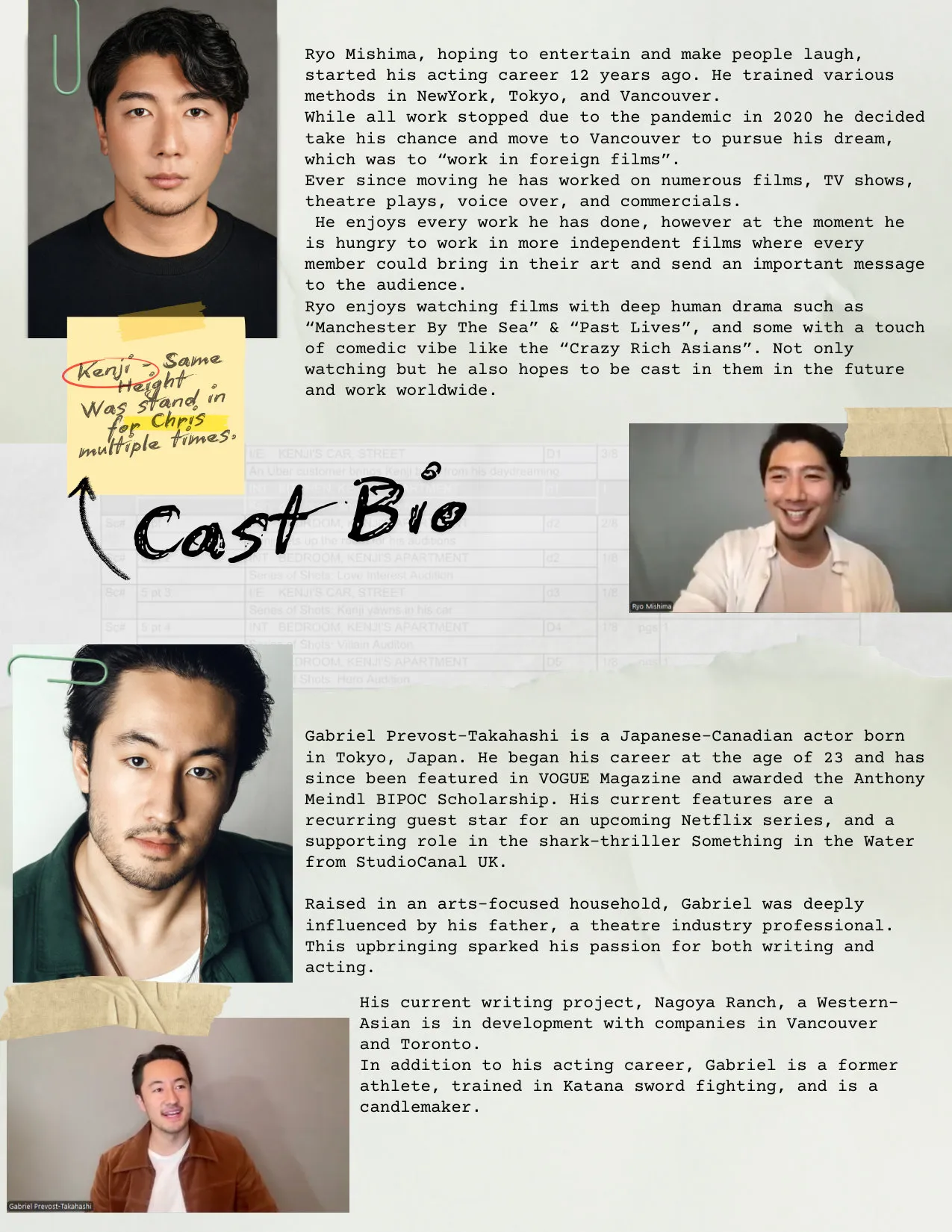 Stand In cast bios - Ryo Mishima as Kenji and Gabriel Prevost-Takahashi as Chris with supporting cast