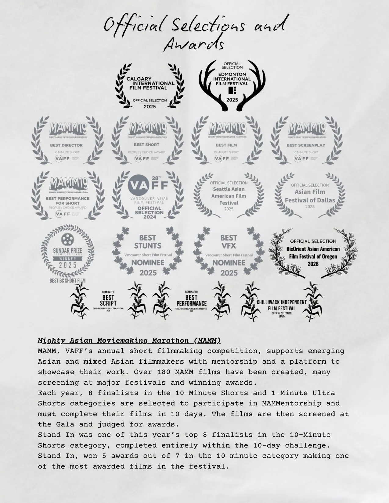 Stand In official selections and awards page - MAMM19 VAFF Calgary Edmonton Seattle Dallas film festivals
