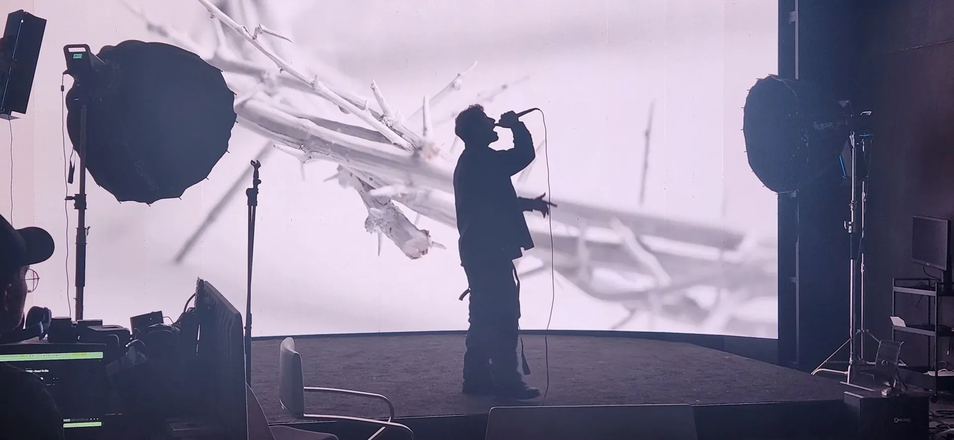 Raised microphone pose and visible lighting setup