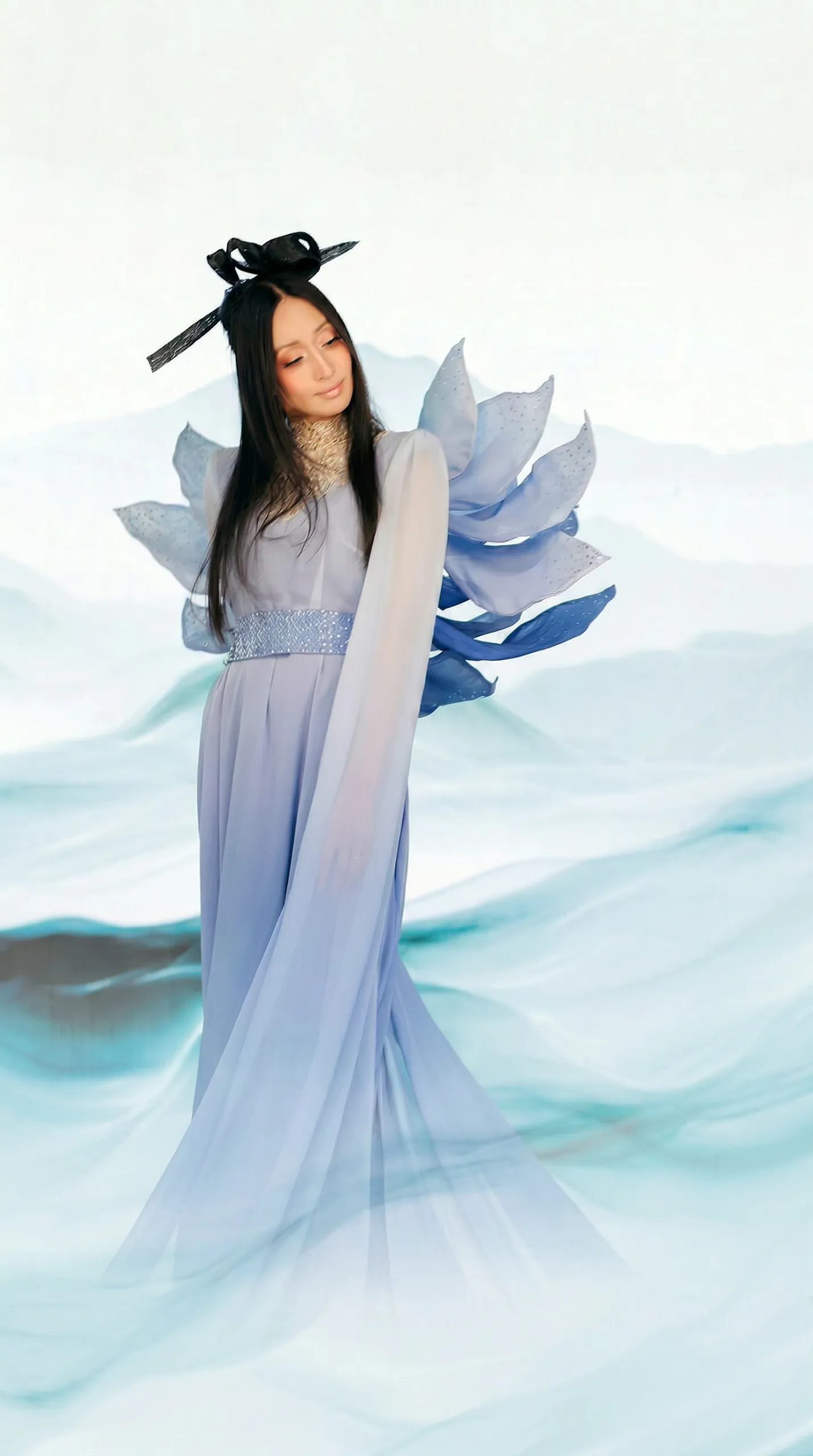 Single model in lavender New Chinese couture gown with petal wings, water mist LED environment at Upperland Studio Vancouver