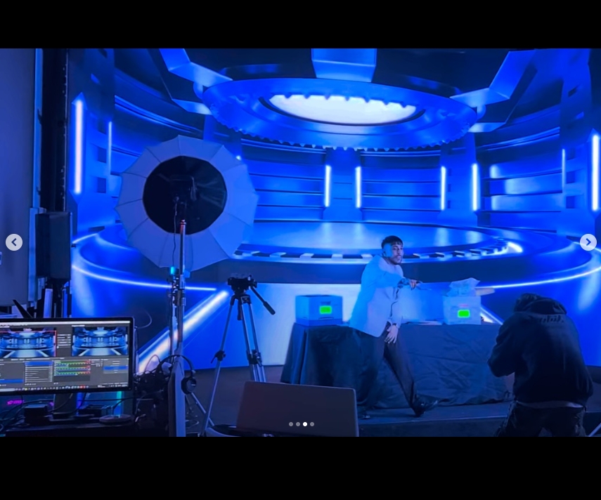 Crimson sky portrait look with artist and model center stage on LED wall