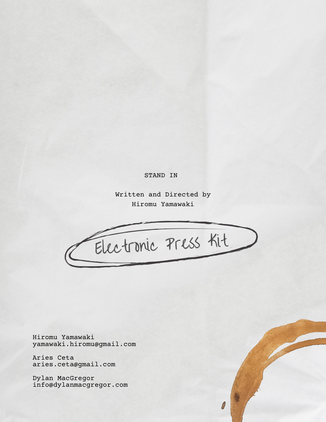 Stand In Electronic Press Kit cover page - written and directed by Hiromu Yamawaki