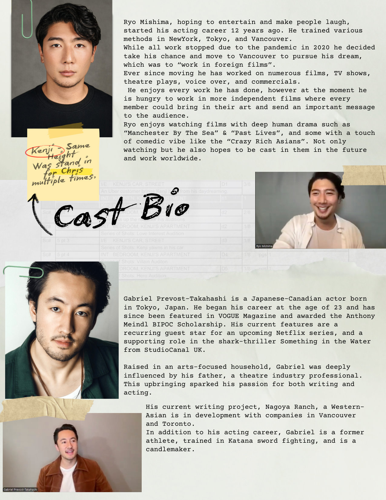 Stand In cast bios - Ryo Mishima as Kenji and Gabriel Prevost-Takahashi as Chris with supporting cast