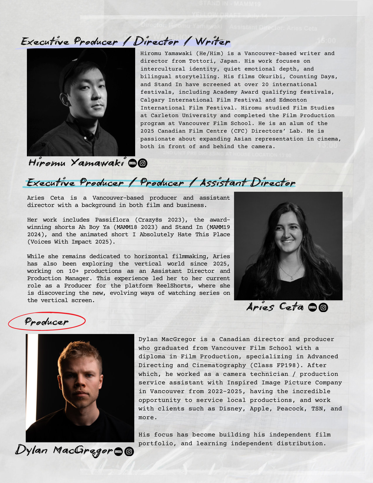 Stand In production team bios - Aries Ceta producer Dylan MacGregor producer and Hiromu Yamawaki director