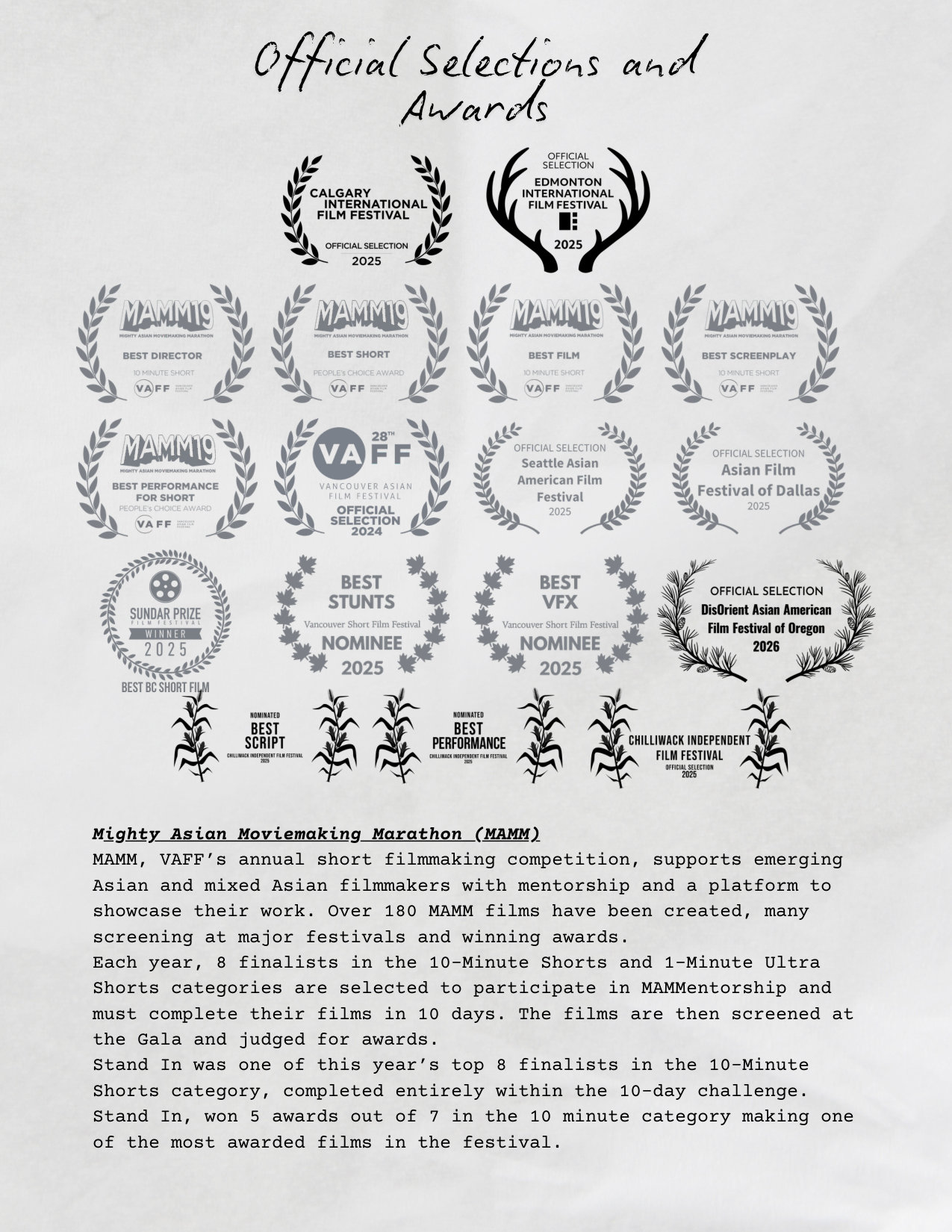 Stand In official selections and awards page - MAMM19 VAFF Calgary Edmonton Seattle Dallas film festivals