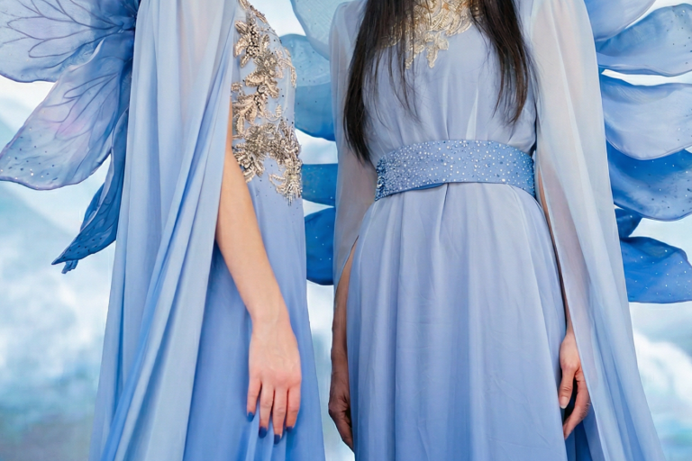 xiangyan-couture-blue-gown-wings-led-virtual-production Two models in Xiangyan Couture blue New Chinese gowns with petal wings, misty mountain LED virtual production backdrop at Upperland Studio Vancouver
